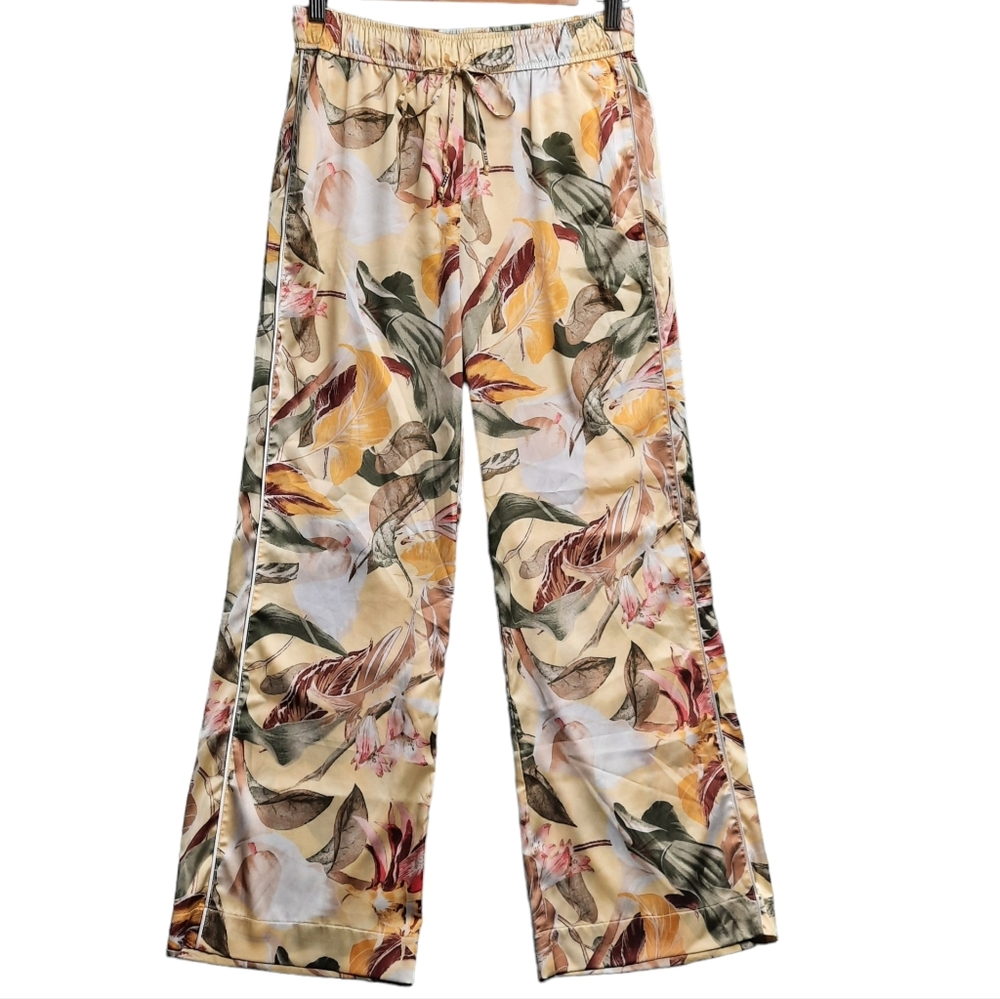 WHBM Yellow Tropical Leaf Print Wide Leg Satin Pants SZ S